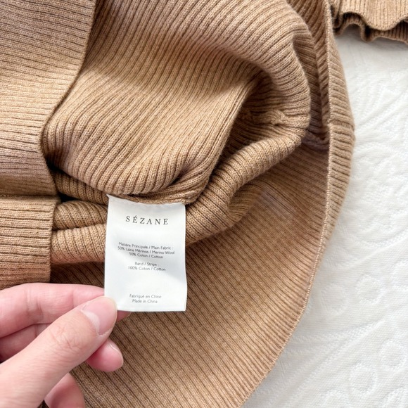 Sezane Soizic Tie Front Merino Wool Blend Jumper, Camel - Picture 7 of 8